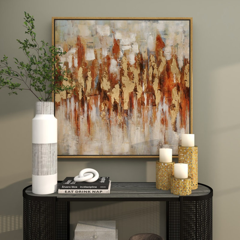 Orren Ellis Gold Canvas Abstract Framed Wall Art with Gold Frame